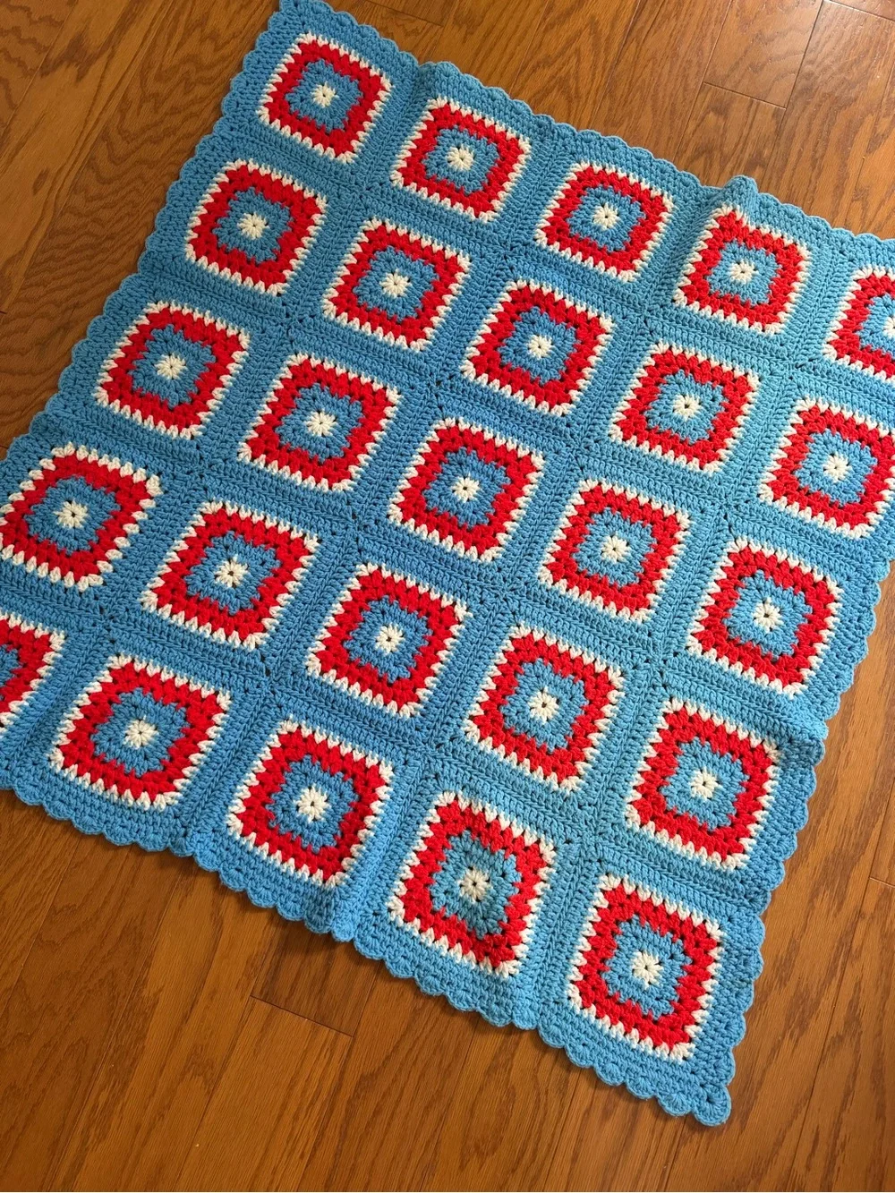 Handmade Crochet Granny Square Blanket Throw in Blue, Red & Cream 5x5